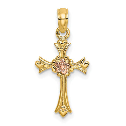 14K Two-Tone Cross W/ Flower Charm