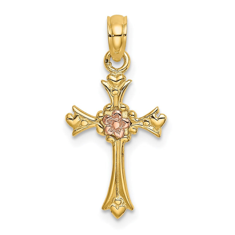 14K Two-Tone Cross W/ Flower Charm
