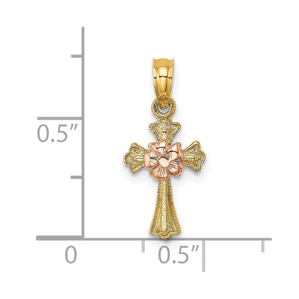 14K Two-Tone Cross W/ Small Flower Charm