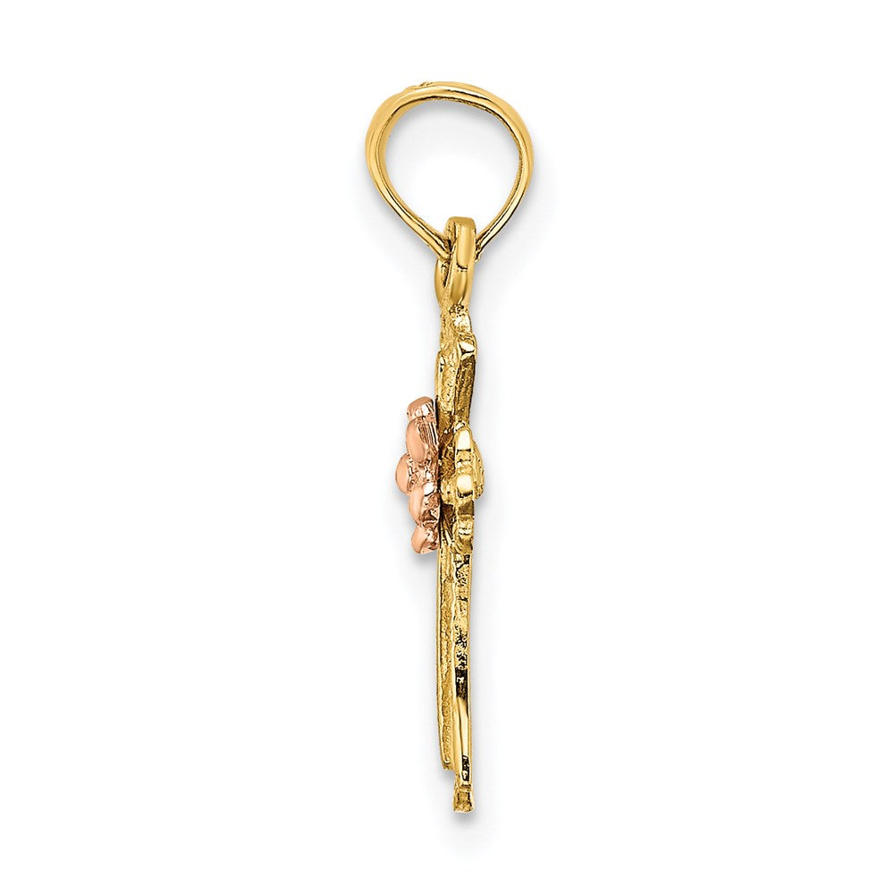 14K Two-Tone Cross W/ Flower Charm