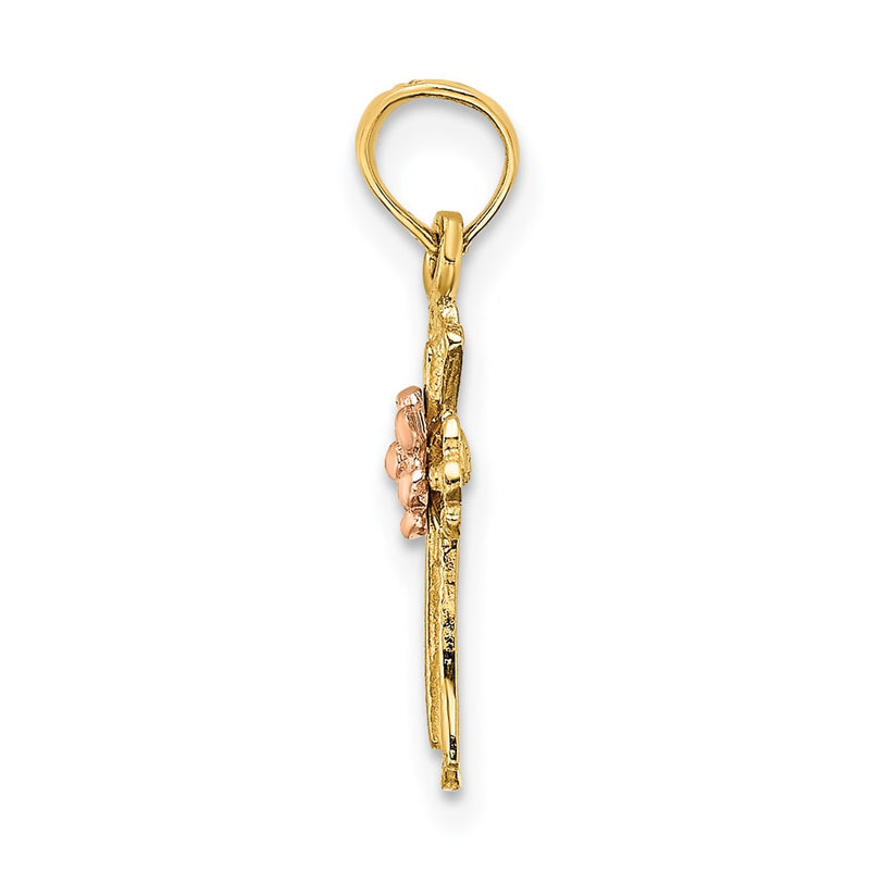 14K Two-Tone Cross W/ Flower Charm