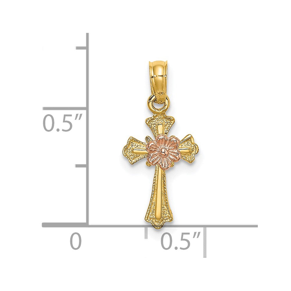 14K Two-Tone Cross W/ Flower Charm