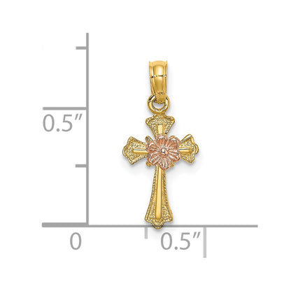 14K Two-Tone Cross W/ Flower Charm