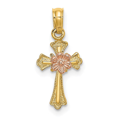 14K Two-Tone Cross W/ Flower Charm