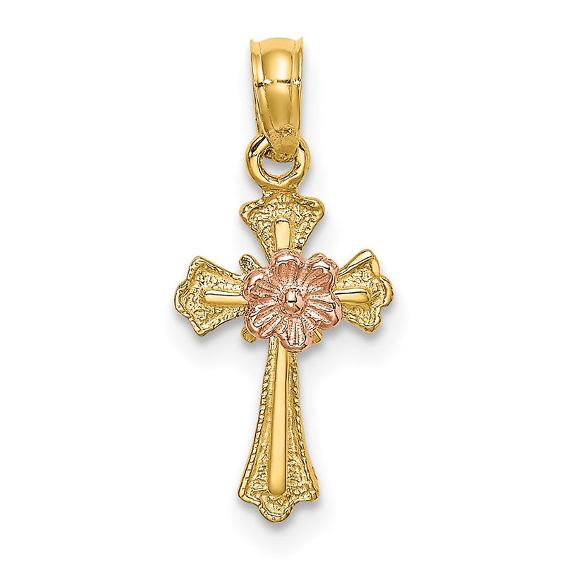14K Two-Tone Cross W/ Flower Charm