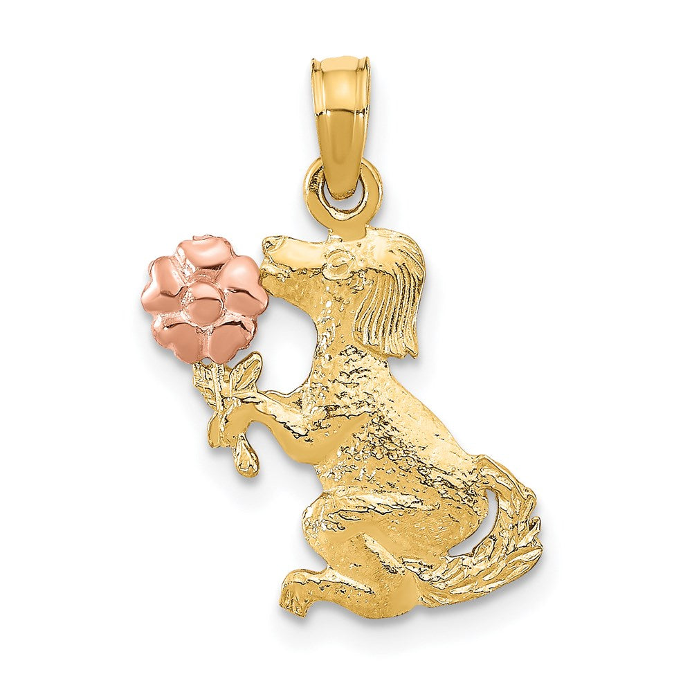 14K Two-Tone Dog Holding Flower Charm