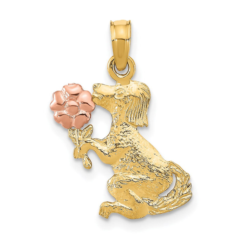14K Two-Tone Dog Holding Flower Charm