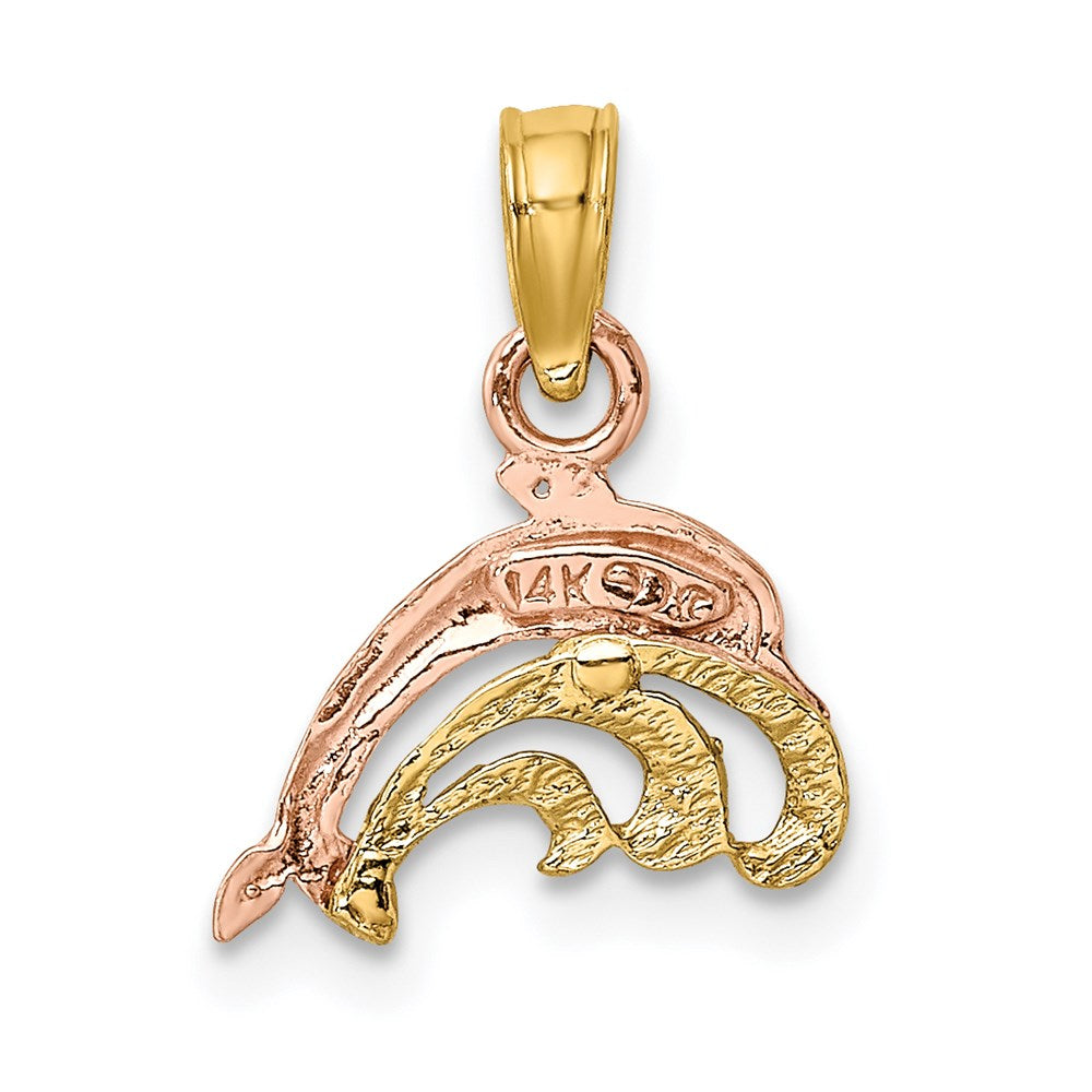 14K Two-Tone W/White Rhodium Dolphin And Wave Charm