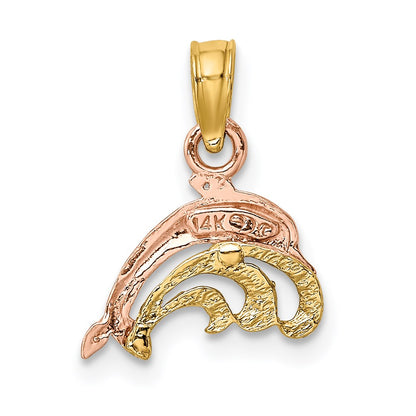 14K Two-Tone W/White Rhodium Dolphin And Wave Charm