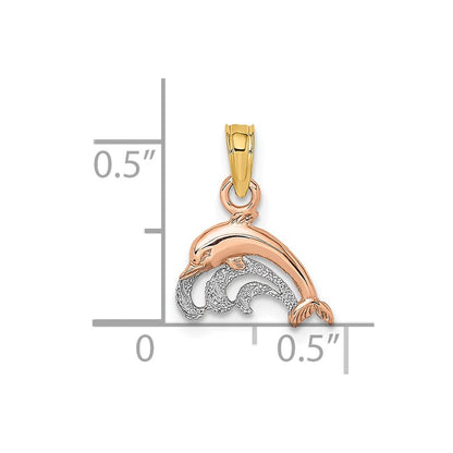 14K Two-Tone W/White Rhodium Dolphin And Wave Charm