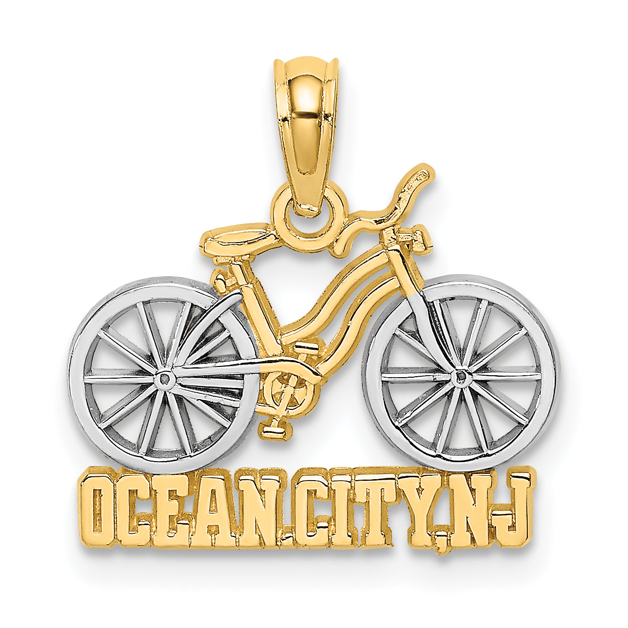14K Yellow & Rhodium With White Ocean City, Nj Bicycle Charm