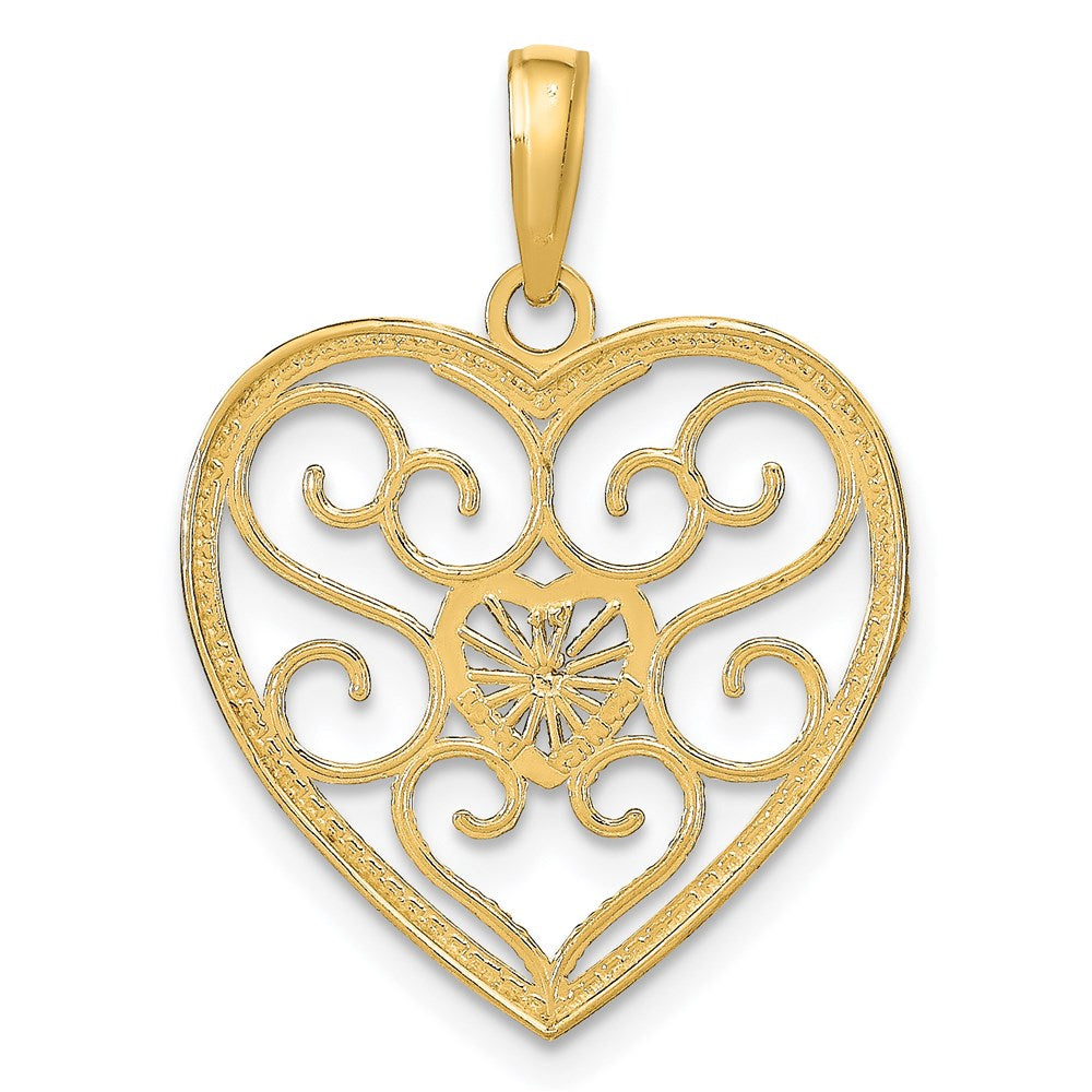 14K Yellow & Rhodium W/Rhodium Filigree Beaded Heart Charm