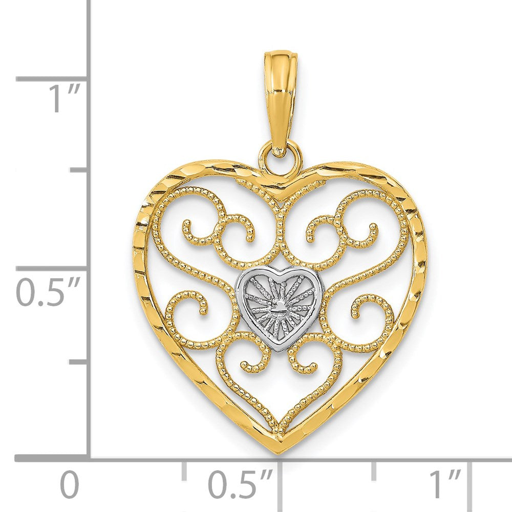 14K Yellow & Rhodium W/Rhodium Filigree Beaded Heart Charm
