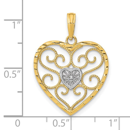 14K Yellow & Rhodium W/Rhodium Filigree Beaded Heart Charm