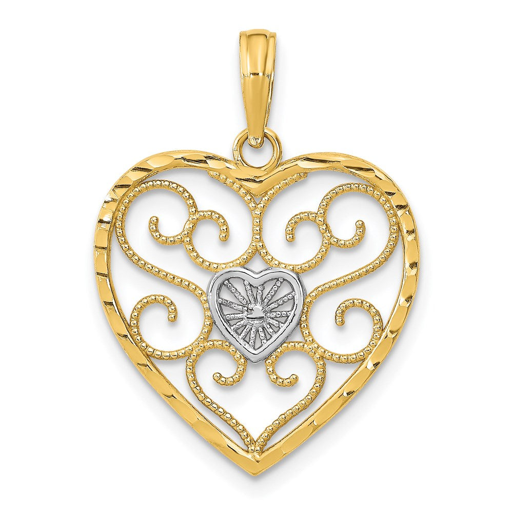 14K Yellow & Rhodium W/Rhodium Filigree Beaded Heart Charm