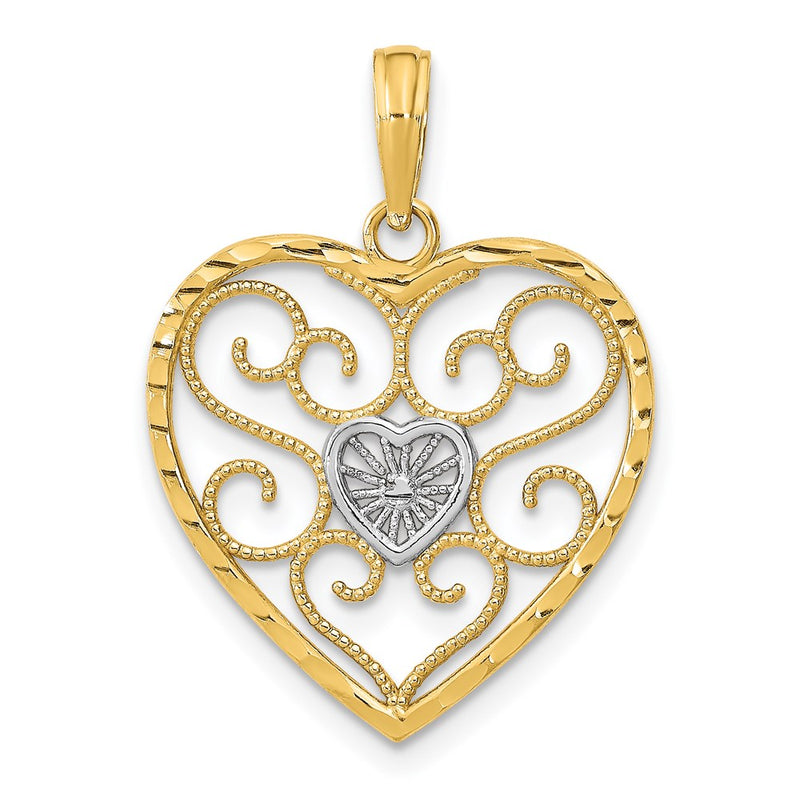 14K Yellow & Rhodium W/Rhodium Filigree Beaded Heart Charm