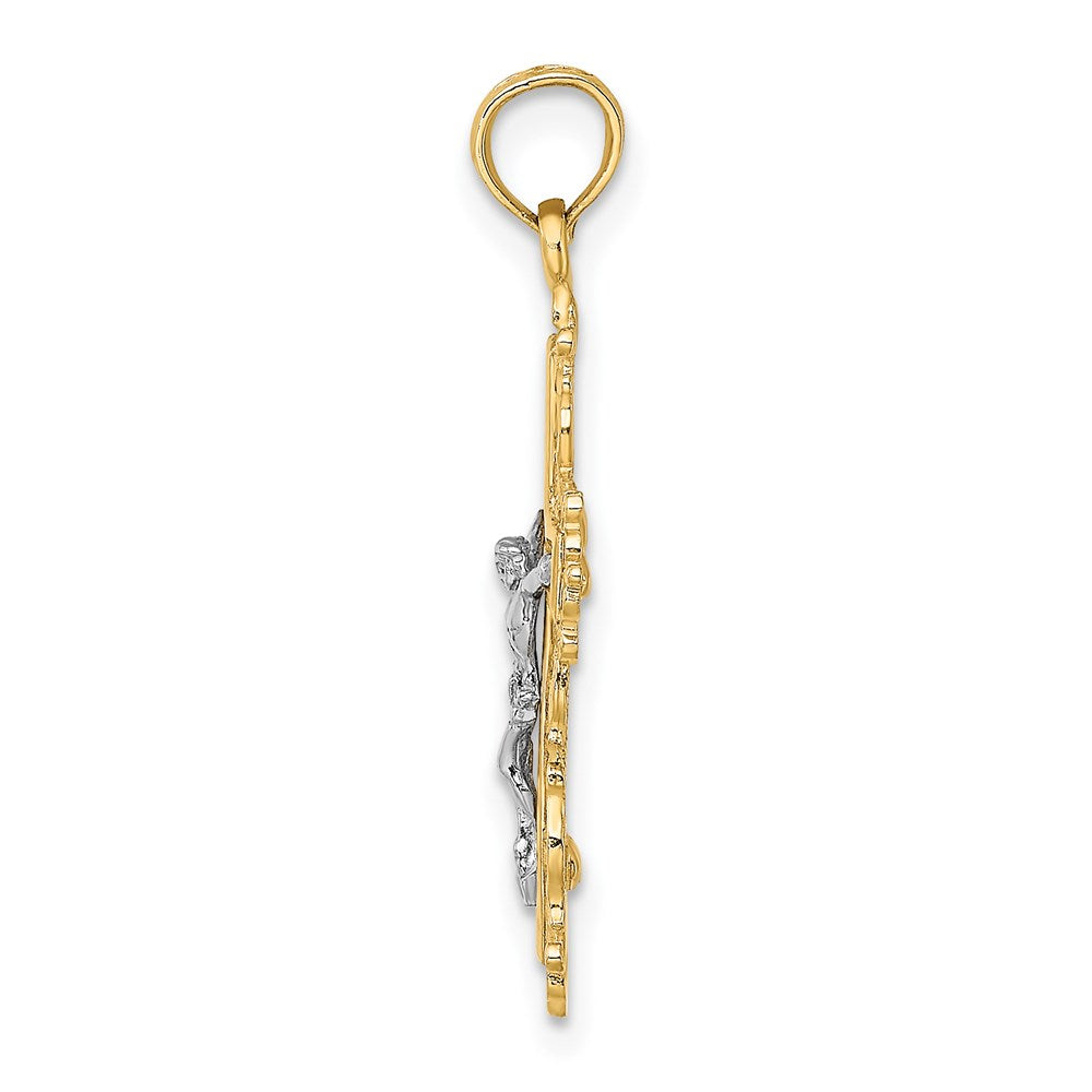 14K Two-Tone W/ Rhodium Textured Lace Trim Crucifix Charm