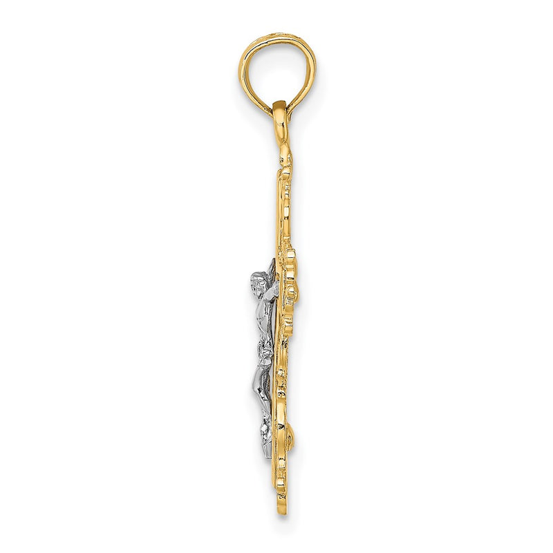 14K Two-Tone W/ Rhodium Textured Lace Trim Crucifix Charm