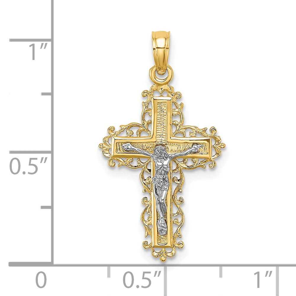 14K Two-Tone W/ Rhodium Textured Lace Trim Crucifix Charm
