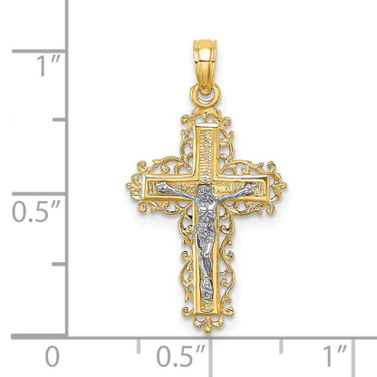 14K Two-Tone W/ Rhodium Textured Lace Trim Crucifix Charm