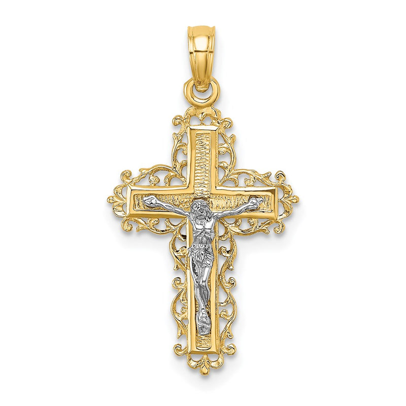 14K Two-Tone W/ Rhodium Textured Lace Trim Crucifix Charm