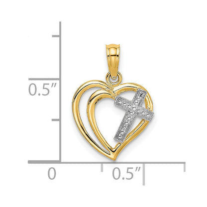 14K Yellow & Rhodium W/ Cross In Heart Charm