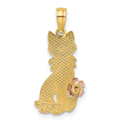 14K Two-Tone Sitting Cat W/ Bow And Flower Charm