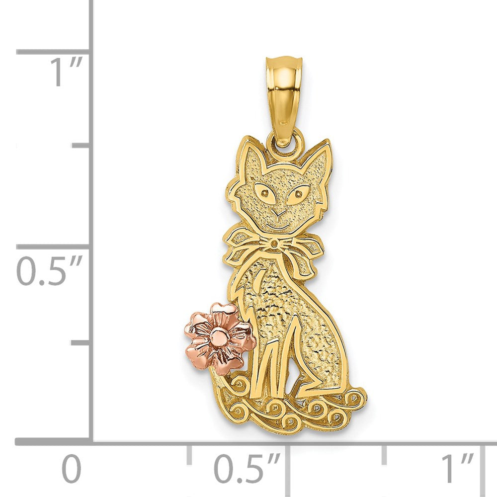 14K Two-Tone Sitting Cat W/ Bow And Flower Charm