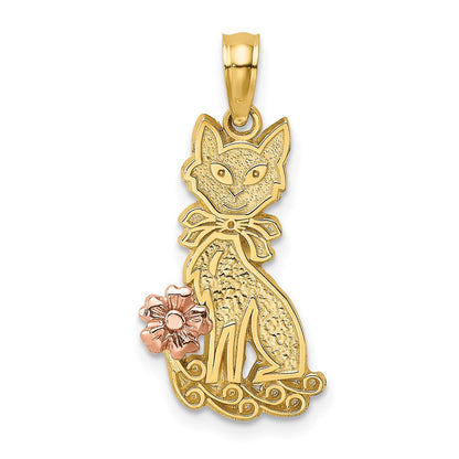14K Two-Tone Sitting Cat W/ Bow And Flower Charm