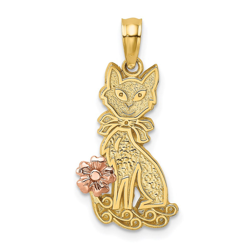 14K Two-Tone Sitting Cat W/ Bow And Flower Charm