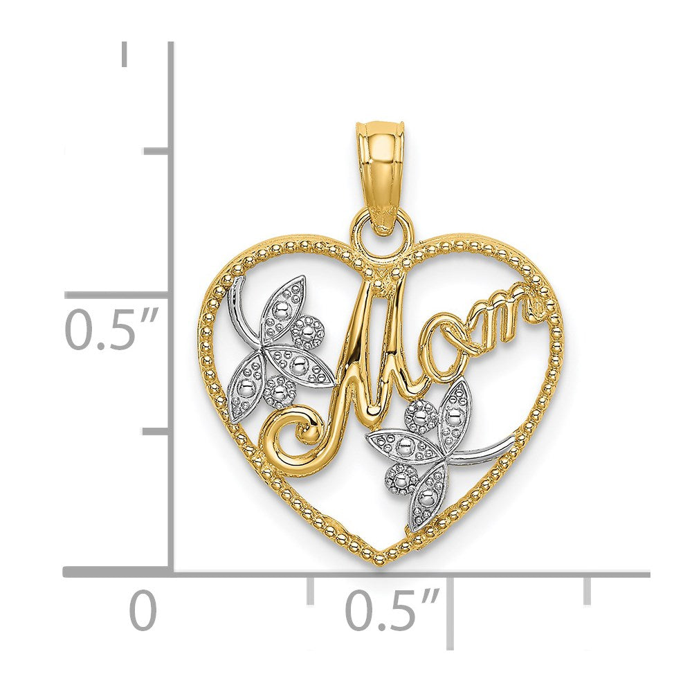 14K Yellow & Rhodium W/ Textured Heart Mom Charm