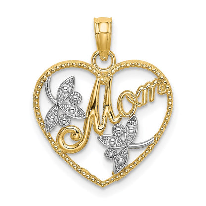 14K Yellow & Rhodium W/ Textured Heart Mom Charm