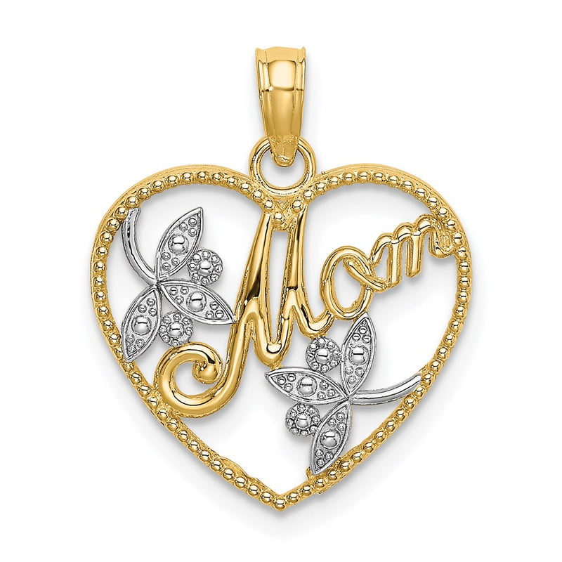 14K Yellow & Rhodium W/ Textured Heart Mom Charm