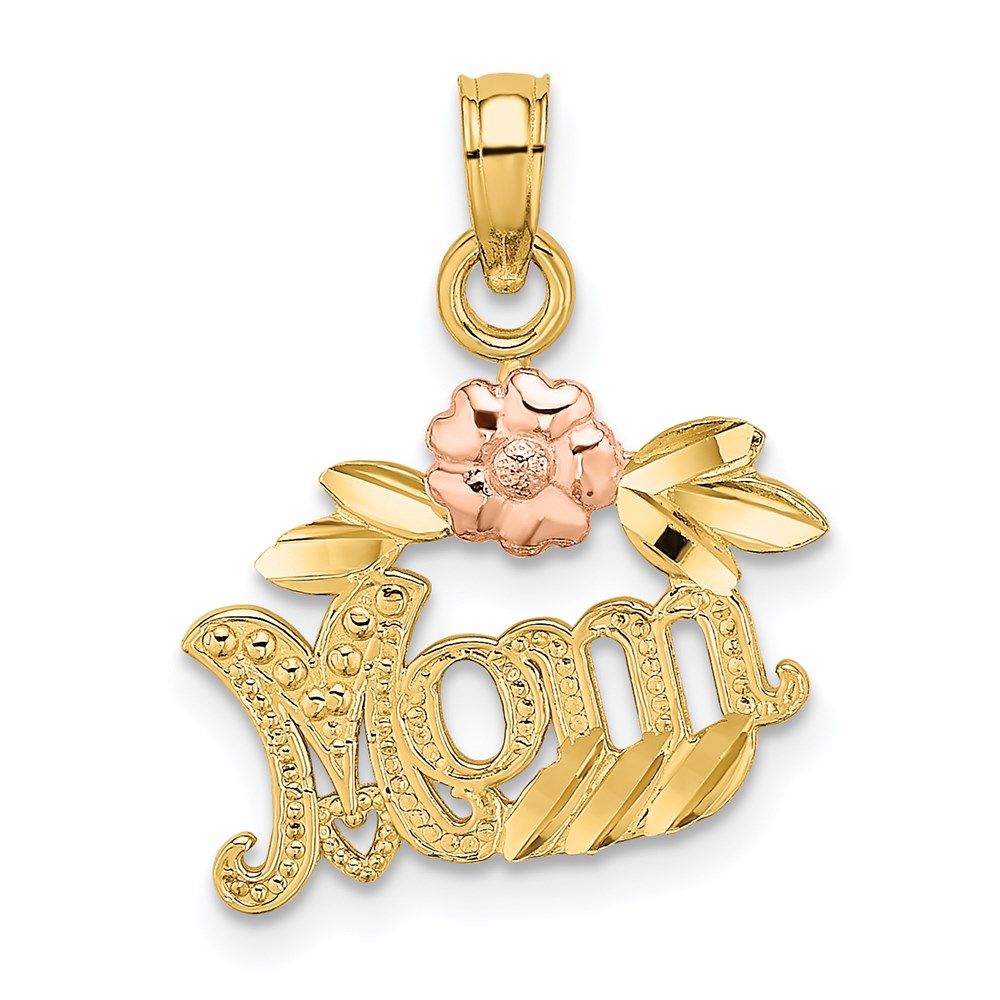 14K Two-Tone Textured Scroll W/ Flower Mom Charm