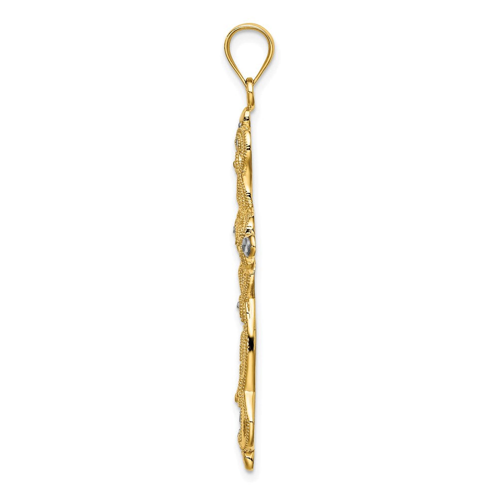 14k Yellow & Rhodium Gold W/ Rhodium Scroll Design and D/C Cross Charm