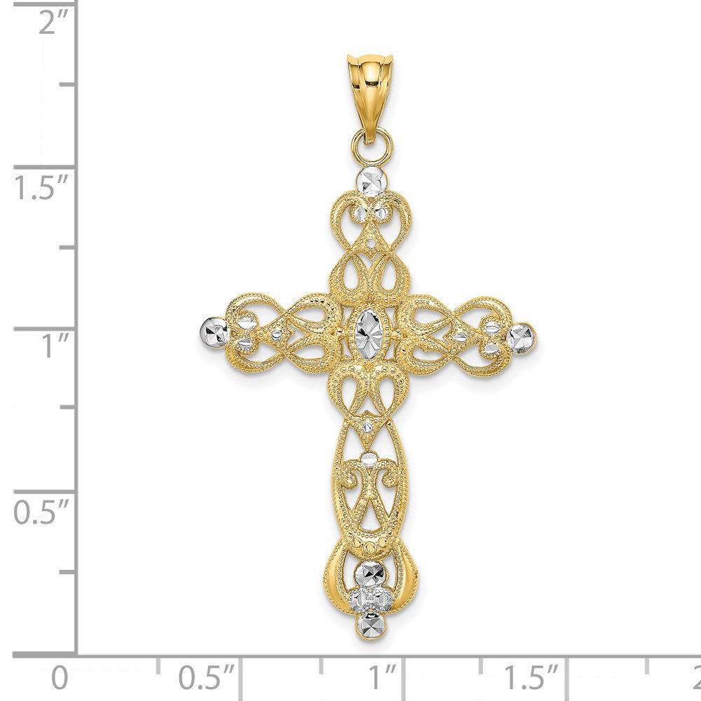 14k Yellow & Rhodium Gold W/ Rhodium Scroll Design and D/C Cross Charm