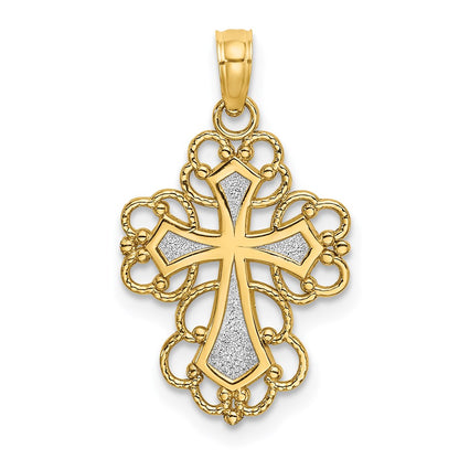 14K Yellow & Rhodium W/ Beaded Lace Trim Cross Charm