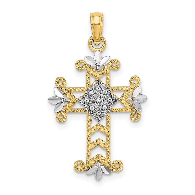 14K Yellow & Rhodium W/ Beaded And D/C Cross Charm