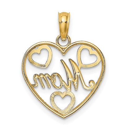 14K Yellow & Rhodium With White Textured Mom Heart Charm