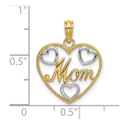 14K Yellow & Rhodium With White Textured Mom Heart Charm