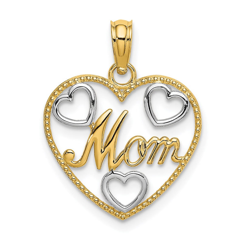14K Yellow & Rhodium With White Textured Mom Heart Charm
