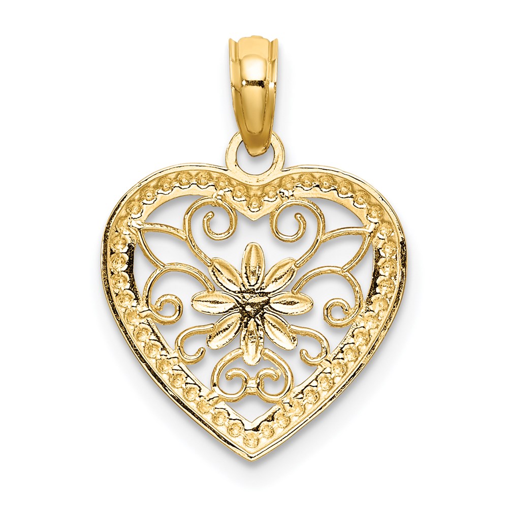 14K Yellow & Rhodium W/ Textured Heart Flower Filigree Charm