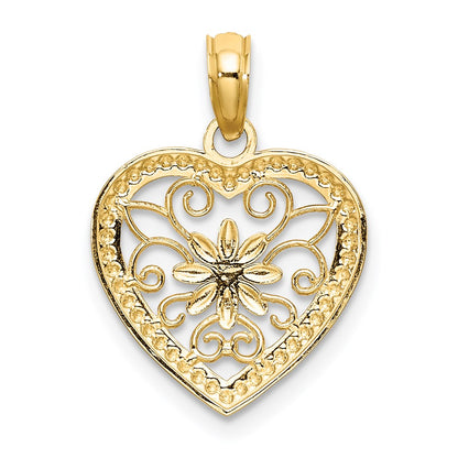 14K Yellow & Rhodium W/ Textured Heart Flower Filigree Charm
