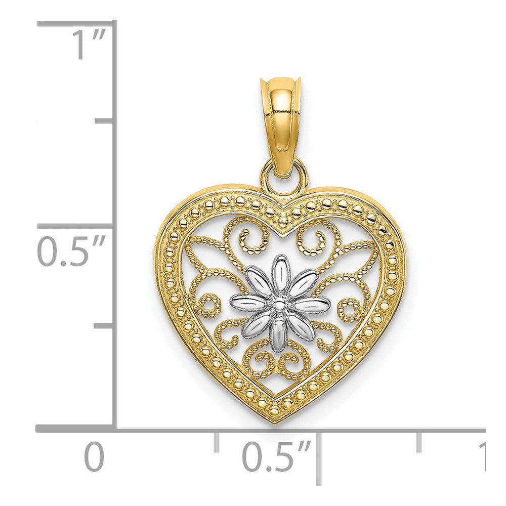 14K Yellow & Rhodium W/ Textured Heart Flower Filigree Charm