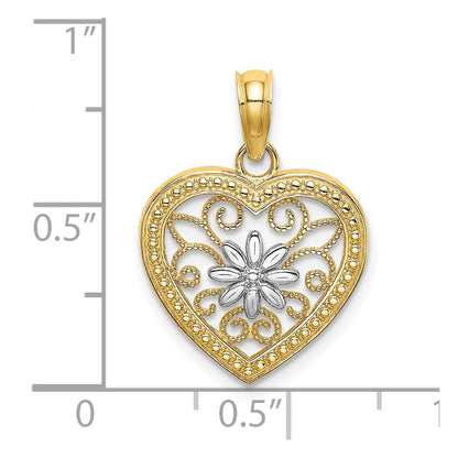 14K Yellow & Rhodium W/ Textured Heart Flower Filigree Charm