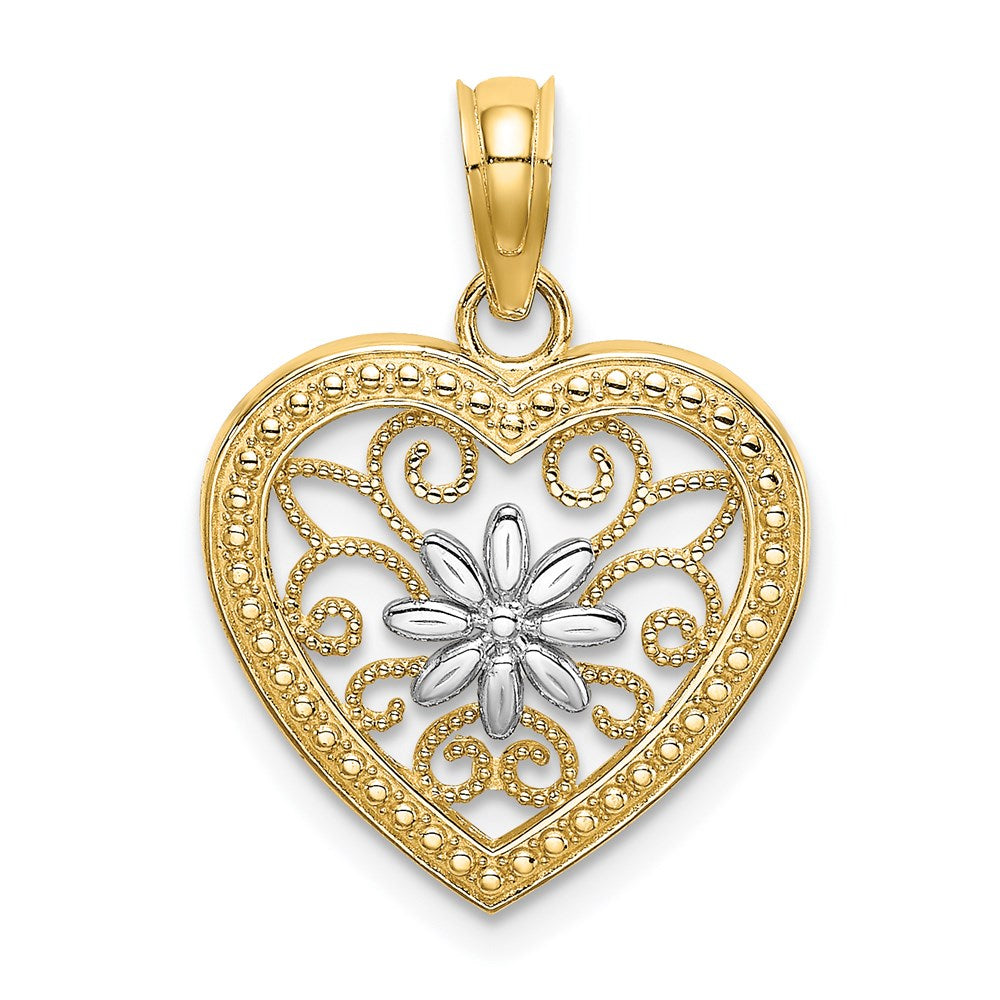 14K Yellow & Rhodium W/ Textured Heart Flower Filigree Charm