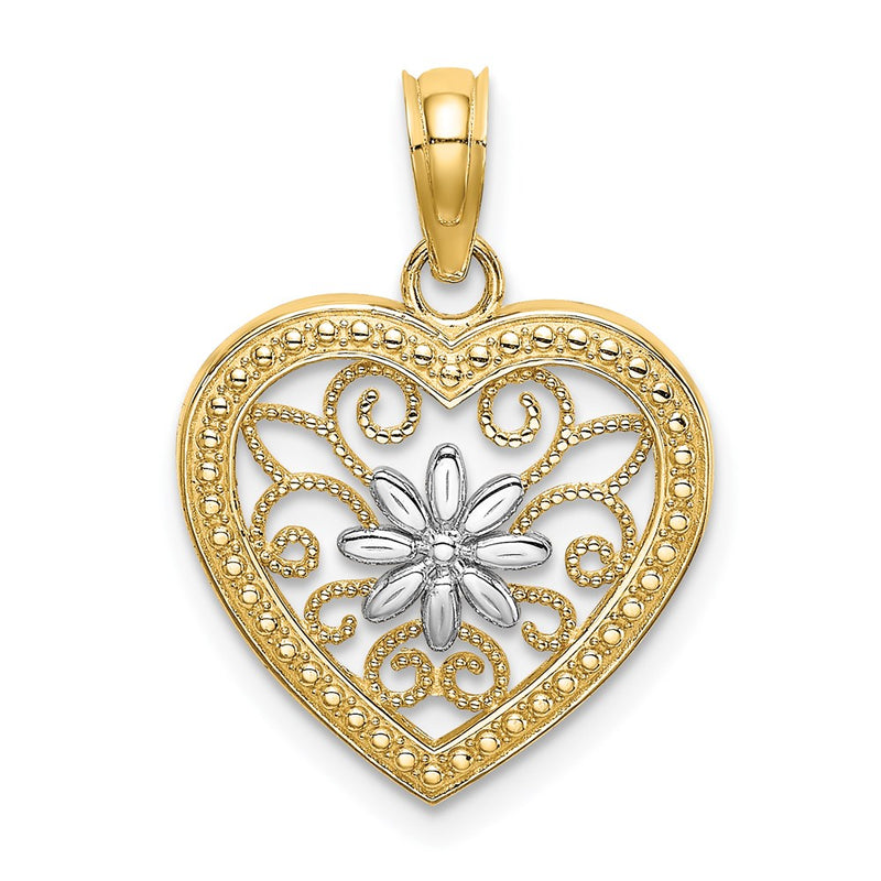 14K Yellow & Rhodium W/ Textured Heart Flower Filigree Charm