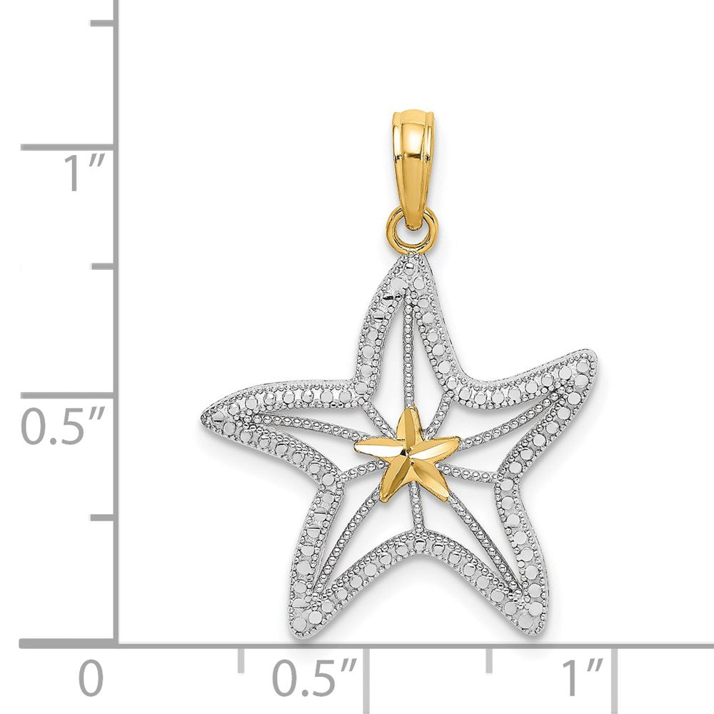 14k Yellow & Rhodium Gold with White Rhodium Diamond-cut Starfish W/ Star Charm