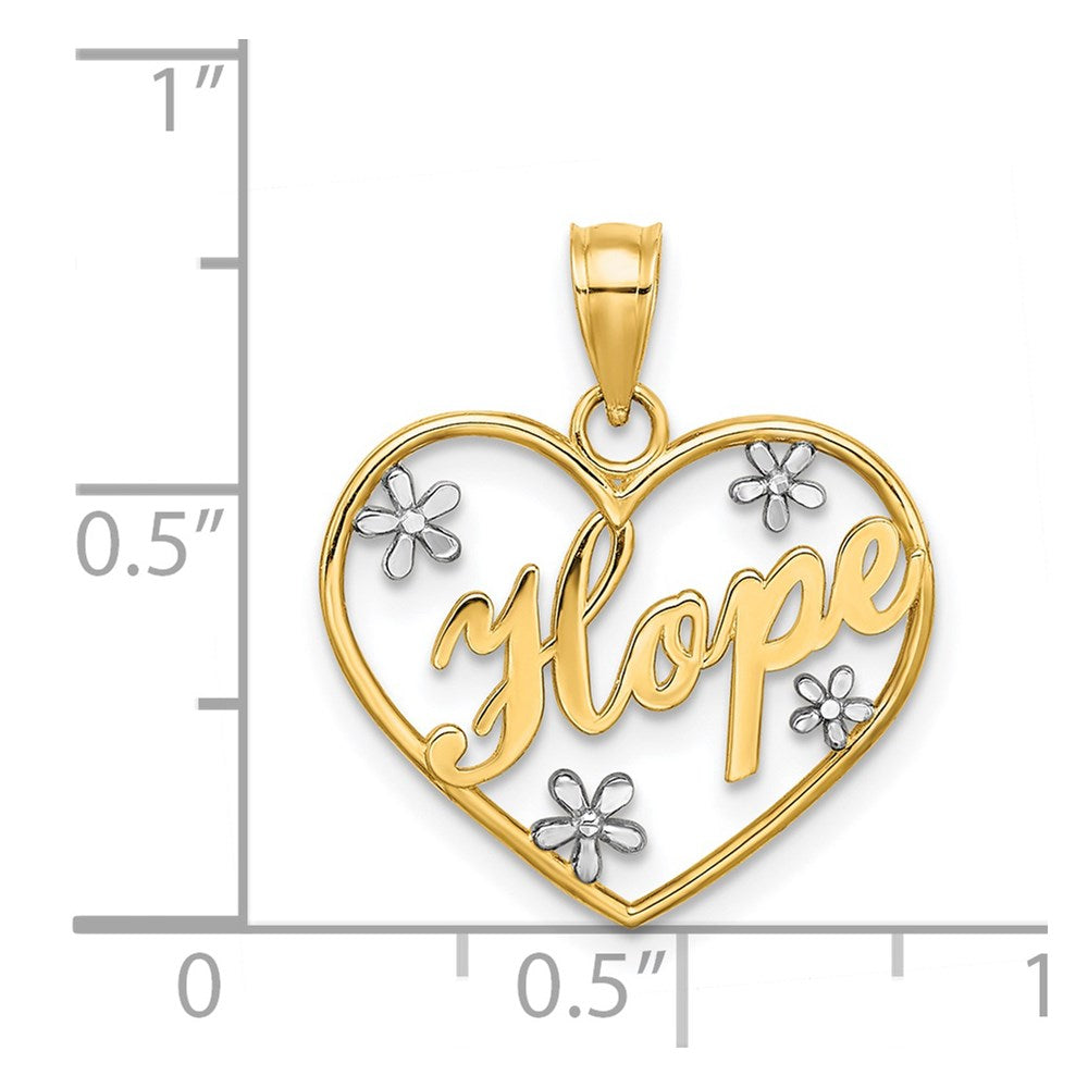 14K Yellow & Rhodium W/Rhodium Hope In Heart W/Flowers Charm
