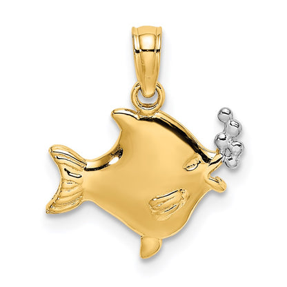 14K Yellow & Rhodium With White 2-D Fish W/ Bubbles Charm